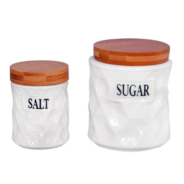 White Ceramic Pyramid 7 Jars and Wooden Tray Set